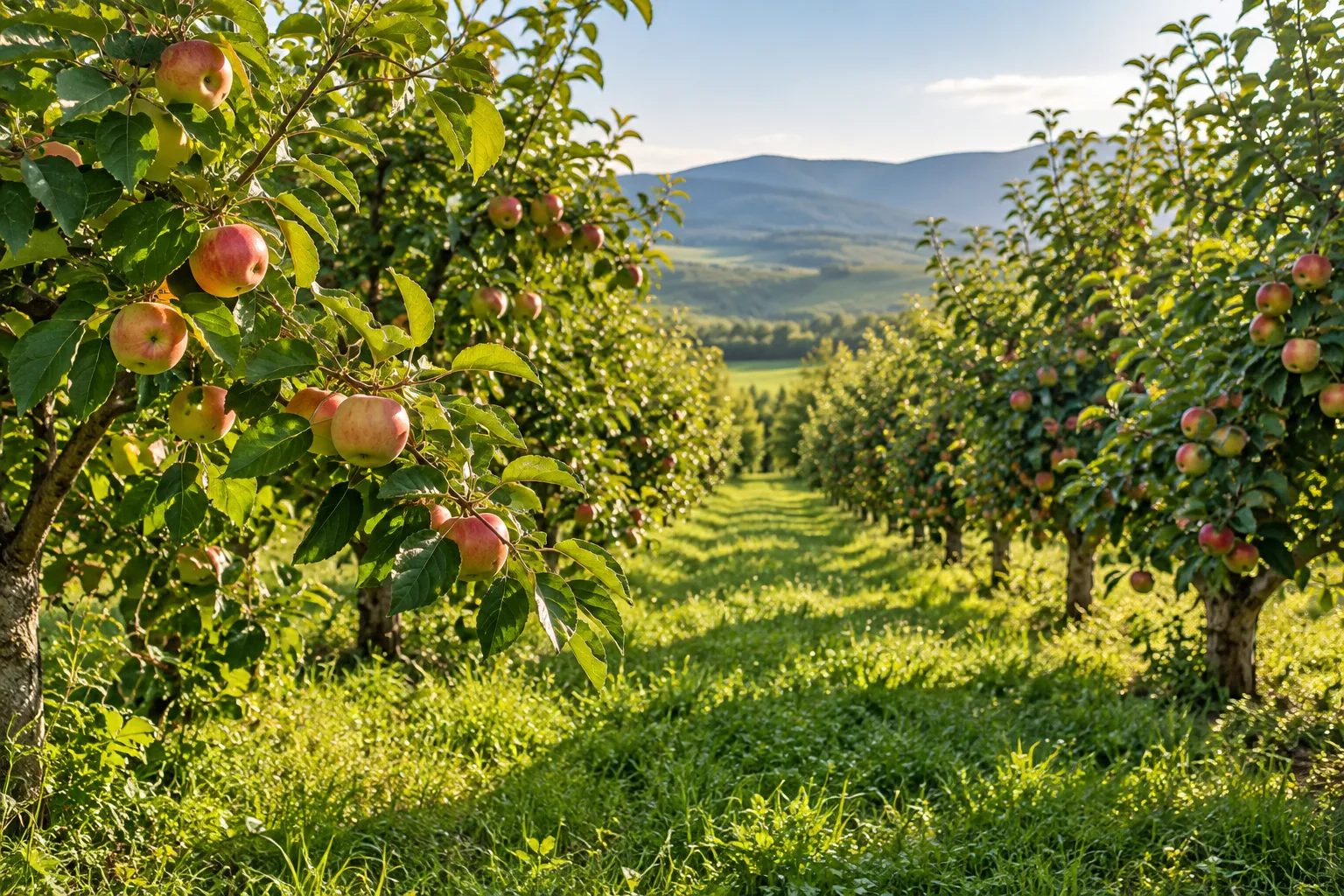 Illustrative view through an apple orchard