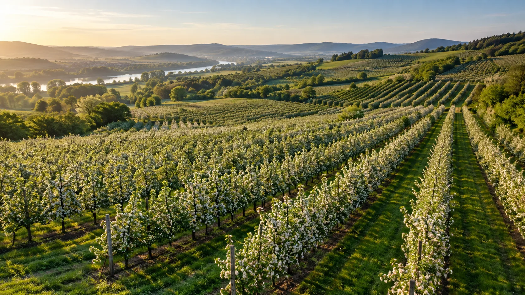 Illustrative aerial view of fruit-growing land and rolling hills